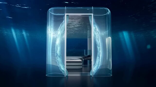 Futuristic underwater suite door made of transparent fluid glass morphing open revealing luxurious aquatic interior with soft blue light