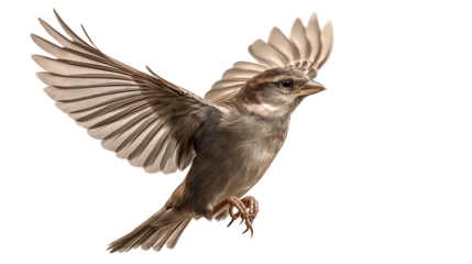 Flying Sparrow Bird Isolated on Transparent Background, Small Wild Songbird with Spread Wings, Realistic Detailed Feathers, Nature Wildlife Concept