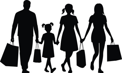 Silhouette of family walking together carrying shopping bags representing retail lifestyle, consumer activity, weekend shopping, family bonding and modern urban lifestyle