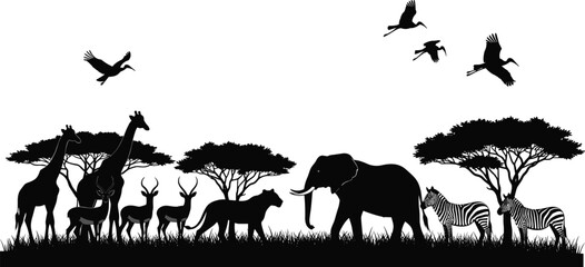African wildlife silhouettes with elephant, giraffe, zebra, antelope, cheetah and birds under acacia trees in savanna landscape vector illustration © Nur Creations