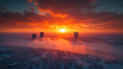 Winter city sunrise, aerial view