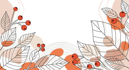 Abstract autumn background with hand-drawn leaves and red berries combined with organic shapes and lines for a modern fall design.