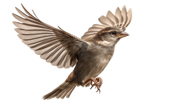 Flying Sparrow Bird Isolated on Transparent Background, Small Wild Songbird with Spread Wings, Realistic Detailed Feathers, Nature Wildlife Concept
