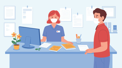 customer service representative assisting client at reception desk modern flat illustration showing support helpdesk communication and service concept