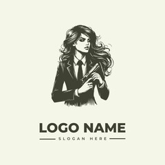 Vector illustration of a woman in business attire holding a logo against a plain background with a professional and modern style.