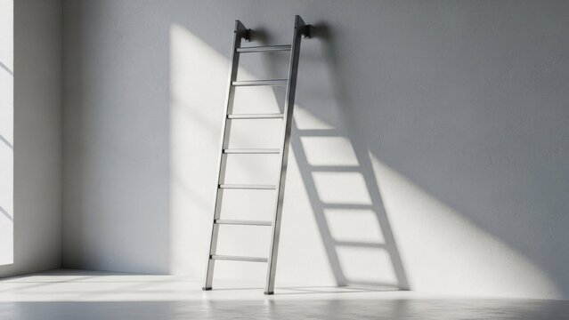 Realistic stock photo of a metal ladder leaning against a wall in a clean minimal interior. Soft natural daylight, gentle shadows, neutral tones, industrial yet minimal mood, balanced composition.