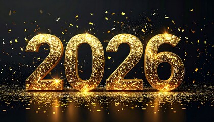 Sparkling gold "2026" on dark background with confetti, creating a festive and celebratory atmosphere