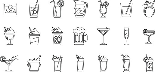 Modern mixed drink and cocktail line icon collection featuring alcoholic beverages, tropical drinks, cold refreshments, bar menu elements, and beverage illustrations