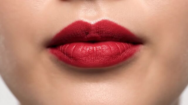 Close-up of lips pursed, coated with vibrant red lipstick