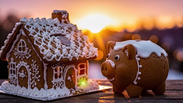 A charming gingerbread house stands beside a delightful gingerbread pig as the warm sunlight glows in the background. The intricate icing decorations create a whimsical holiday