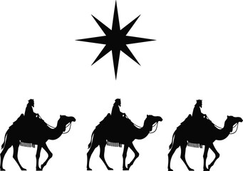 Silhouette illustration of three camels with riders traveling under shining star, Christmas journey design, nativity theme, religious festive artwork © Nur-Nobin Creations