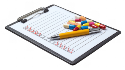 Colorful pills are arranged on a clipboard with a medication checklist and a pen, representing medication management, prescription adherence, and healthcare planning on a transparent background