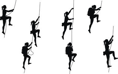 Silhouette of female climbers scaling rope, adventure sport concept, fitness training, mountain climbing strength and outdoor challenge illustration design