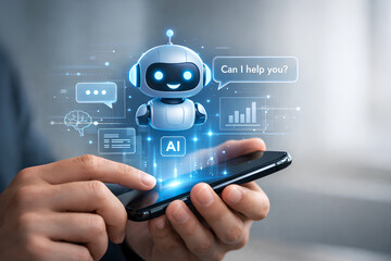 AI Chatbot Virtual Assistant Hologram on Smartphone Screen for Customer Support and Digital Communication