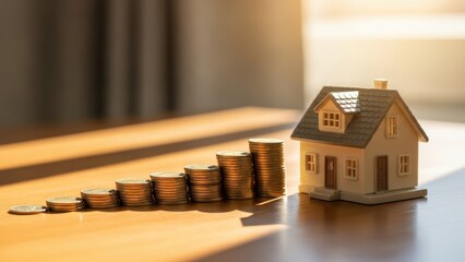 Model house with coin stack graph. Real estate investment growth concept. Property value increase and financial planning for home.