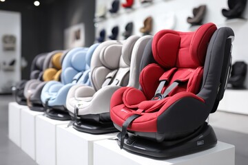 Safety Car seat store for kid. Shelf with child car seats. Car seats displayed on shelves showcasing safety features and modern design for Children transportation. Baby shop. Newborn expecting concept