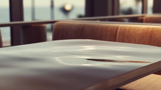 Kinetic table surface with smooth slow water-wave ripples in stylish caf&eacute; booth under soft evening light