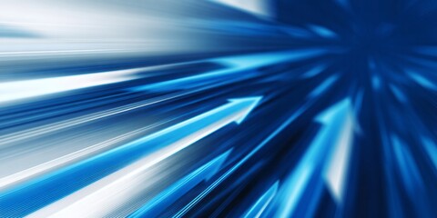 Bright blue and white directional arrows streak across a dark abstract background indicating rapid movement