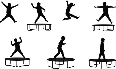 Silhouette of child jumping on trampoline, kids playtime activity, fun exercise, outdoor recreation, childhood joy and energetic motion concept
