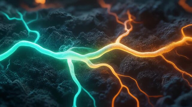 A breathtaking cinematic visualization of luminous energy pulses traveling through glowing underground roots embedded in dark fertile earth to represent biological networking and natural data systems.