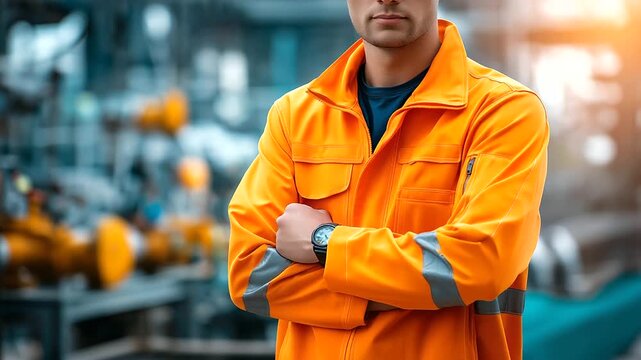 Faceless man wearing bright orange high-visibility safety jacket at industrial construction site, professional worker in fluorescent protective clothing, defocused plant equipment
