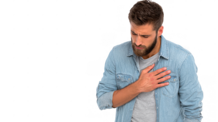 Young man is coughing and holding his chest with both hands, his eyes are closed and he seems to be in pain, isolated on transparent background