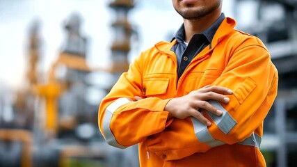 Faceless man wearing bright orange high-visibility safety jacket at industrial construction site, professional worker in fluorescent protective clothing, defocused plant equipment
