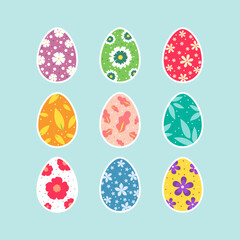 Collection of nine colorful decorative Easter eggs featuring various floral and leafy patterns in a flat vector sticker style on a light blue background