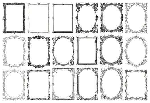 Large collection of 18 antique ornamental vector frames and borders featuring intricate baroque and victorian designs in black and white sketch style, isolated for wedding invitations and certificates