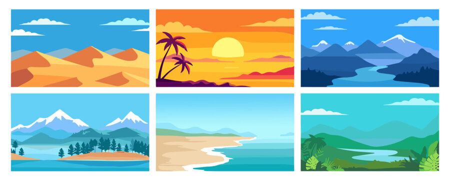 Set of six horizontal flat vector landscape illustrations including desert dunes, tropical beach, mountain river, forest lake, and sunset ocean views, perfect for web banners and backgrounds