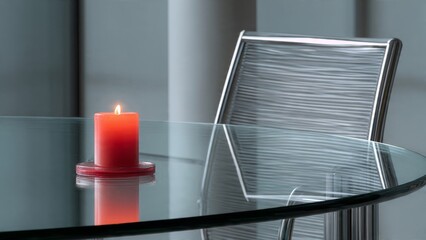 Candlelight reflects on modern metal table near chair

