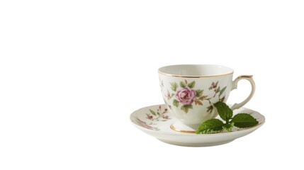 Fototapeta premium Delicate china tea cup and saucer adorned with intricate floral pattern, gold trim, and fresh mint leaves on white background