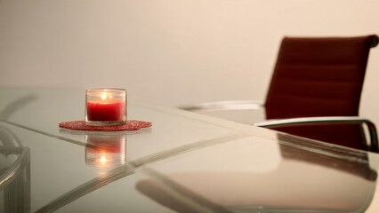 Candlelight reflects on modern metal table near chair

