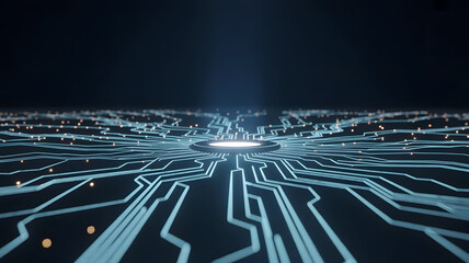 Futuristic Digital Circuit Network With Glowing Central Core