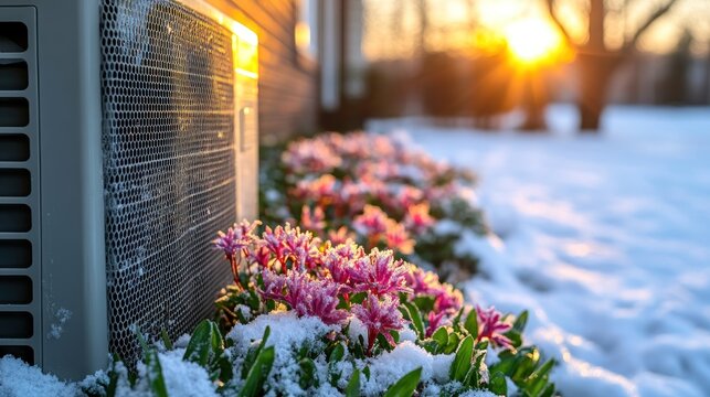 Winter sunset, AC unit, flowers in snow