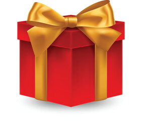 Red gift box with golden ribbon and bow on white background