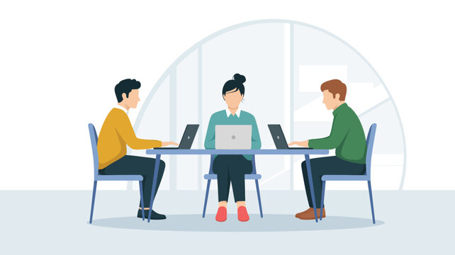 modern business team working together on laptops at office meeting table flat vector illustration for teamwork collaboration and startup concept