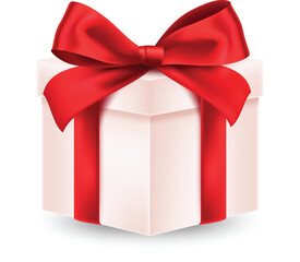 Elegant white gift box with red ribbon bow on top