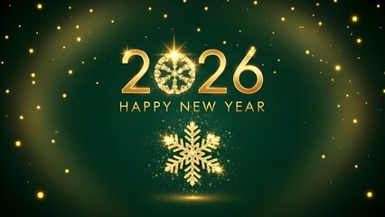 Elegant Gold 2026 Happy New Year with Snowflake on Green Background - Luxury Holiday Greeting Card Design