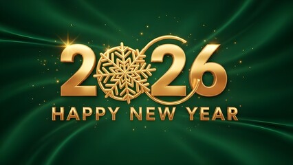 Elegant Gold 2026 Happy New Year with Snowflake on Green Background - Luxury Holiday Greeting Card Design