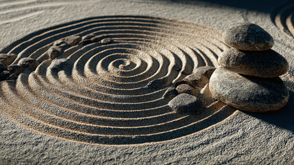A serene zen garden with raked sand patterns and balanced stones, evoking peace and tranquility
