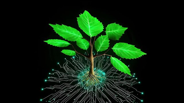 Green plant with vibrant leaf and glowing root connected to digital circuit, symbolizing technology and nature integration, innovation,