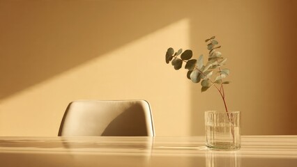 Eucalyptus Branches Decorate Glass Table with Chair in Sunlight

