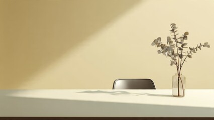 Eucalyptus Branches Decorate Glass Table with Chair in Sunlight

