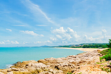 Fototapeta premium Beautiful Tropical beach and ocean landscape of Dajiao Park in Qizi Bay (Qiziwan), Changjiang, Hainan, China
