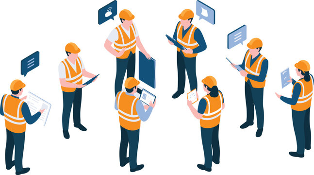 Isometric construction workers illustration showing engineers communicating with tablets, safety helmets, teamwork coordination, project management, industrial workforce concept