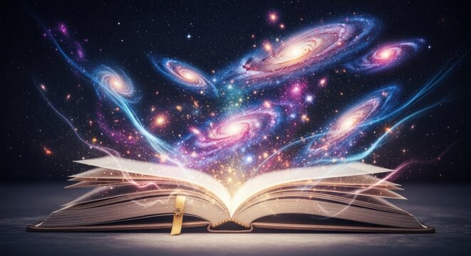 An open book with colorful galaxies and stars emerging from its pages.