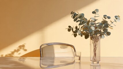 Eucalyptus Branches Decorate Glass Table with Chair in Sunlight

