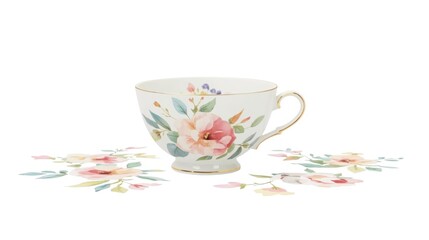 Delicate teacup with intricate handle and subtle floral design on white background, gold trim, pink and peach roses, green leaves, elegant tableware