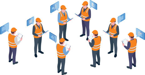 Isometric construction workers illustration showing engineers communicating with tablets, safety helmets, teamwork coordination, project management, industrial workforce concept